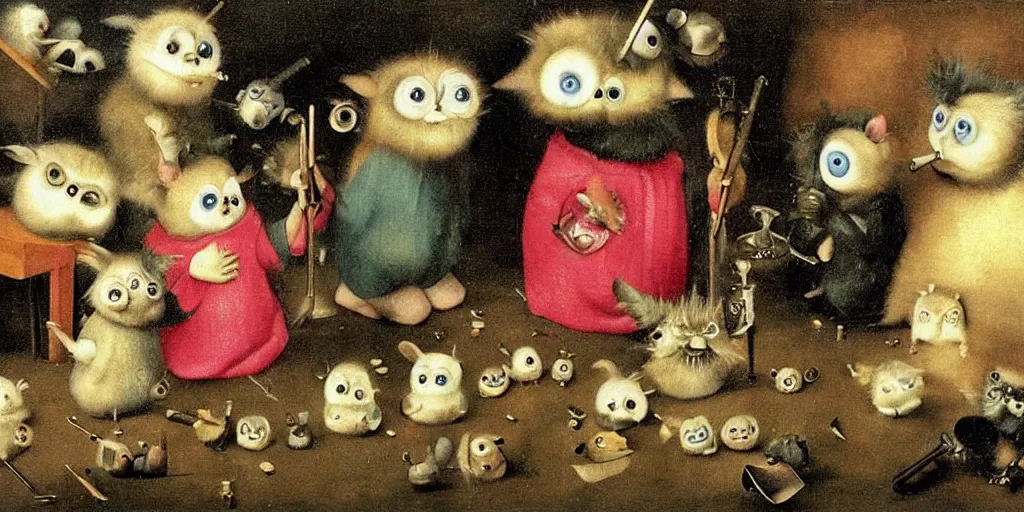 Image similar to a small group of furbies smoking weed!!!!! ( ( ( hieronymus bosch painting ) ) ) furbies with realistic bongs!! smoking pipes!! and joints!!, smoke! fills the air of a small room, studio lighting