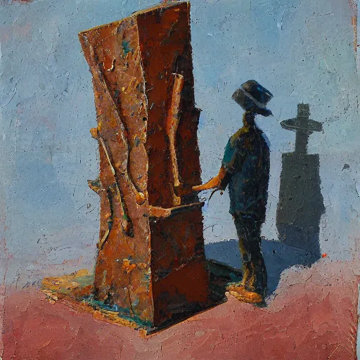 Prompt: an impasto painting by shaun tan of an abandoned abstract sculpture by the caretaker and ivan seal