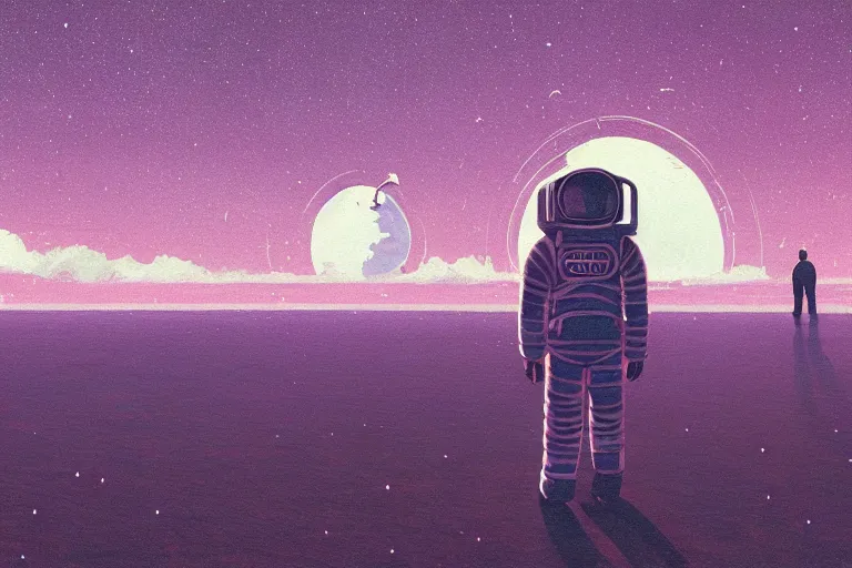 Prompt: astronaut sitting at the beach on a pink, blue, purple alien planet watching a planet, surreal photography, dark night, stars, mountains, planets, moon light, alien vegetation, impressionist painting, clouds, digital painting, artstation, simon stalenhag
