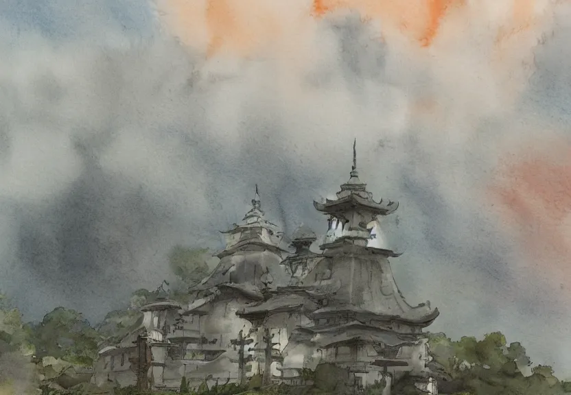 Image similar to a hyperrealist watercolor concept art from a studio ghibli film showing one giant grey griffon. a temple is under construction in the background in india on a misty and starry night. by studio ghibli. very dull muted colors