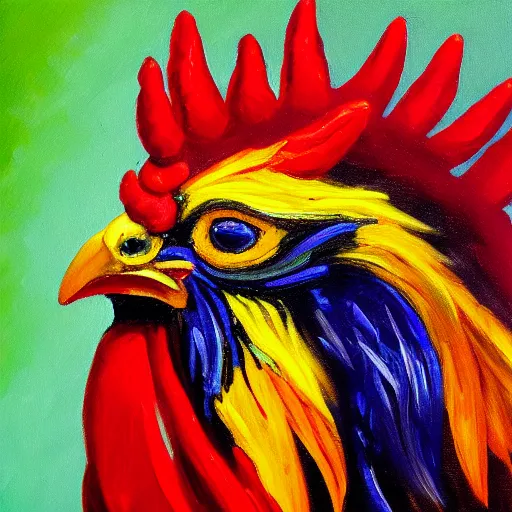 Prompt: oil painting of happy rooster ultra realism