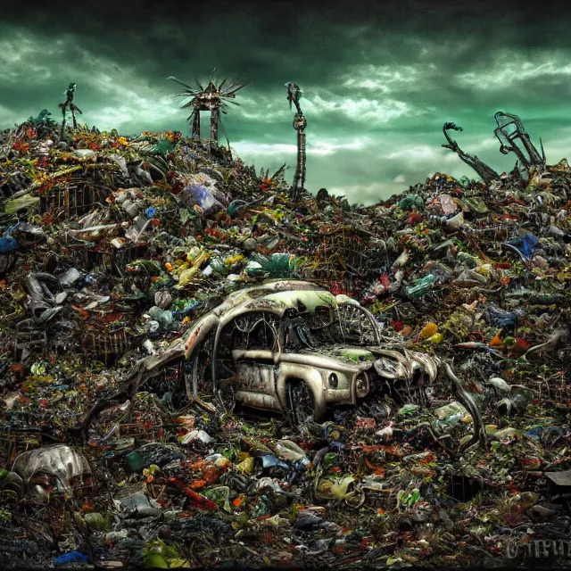 Image similar to a machine made of rubbish with long arms devours other rubbish and creatures in a giant rubbish heap full of strange and terrifying creatures, under a dark green sky in the distance, bones, corpses, monsters, hell, distorted, creepy, by dan seagrave, cinematic photography, cinematic, ue 5, realistic, sci - fi