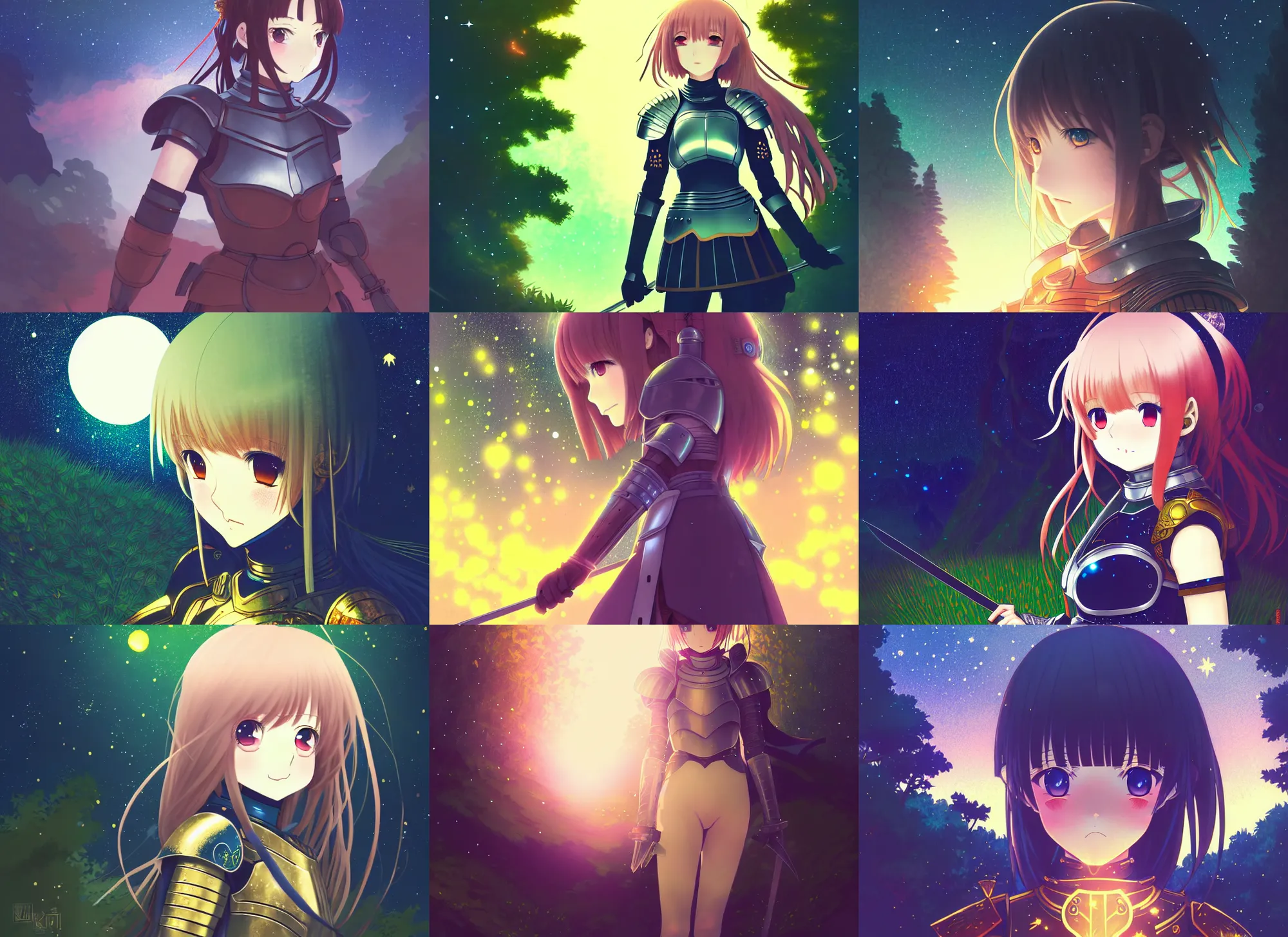 Prompt: anime visual, young female knight in armor in a forest at night, night sky, nebula, very dark, cute face by ilya kuvshinov, yoh yoshinari, kyoani, dynamic pose, dynamic perspective, rounded eyes, clean anime outlines, mucha, dramatic lighting, gustav klimt, flat