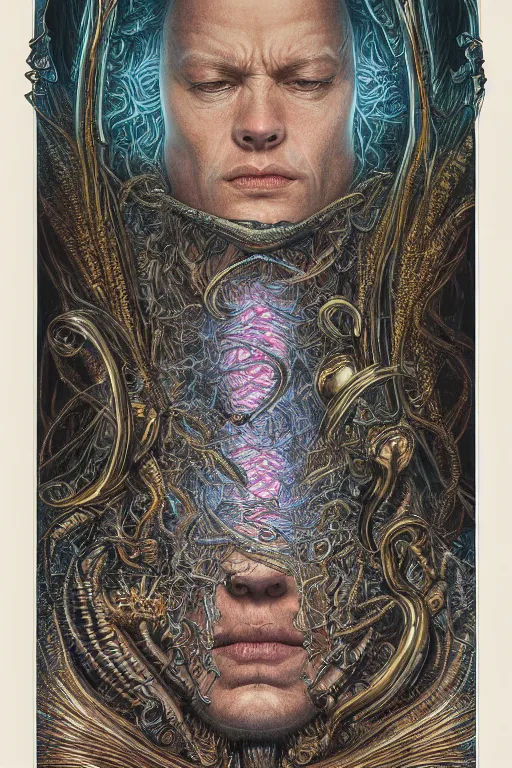 Image similar to highly detailed portrait of snufking by alex grey, patrick woodroffe, mark ryden created by gustave dore and greg rutkowski, high detailed, smooth draw, synthwave neon retro, intricate, realistic proportions, dramatic lighting, trending on artstation