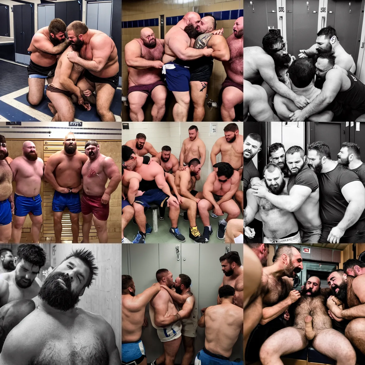 Prompt: dozen of hairy bury strongmen kissing and cuddling in a locker room, dad energy, manly, shorts