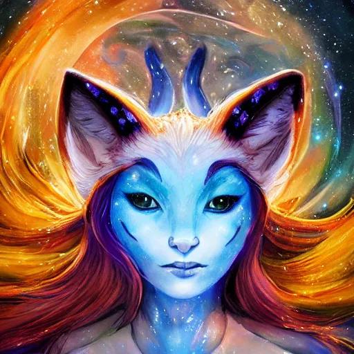 Prompt: a painted avatar portrait of an awesome cosmic powerful anthropomorphic kitsune fox mage themed around life and death and the stars and the cosmos and dressed in elegant elven mage robes, in the style of dnd beyond avatar portraits, beautiful, artistic, elegant, lens flare, magical, lens flare, nature, realism, stylized, art by jeff easley