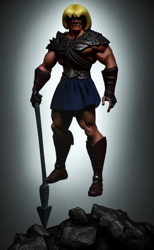 Image similar to Full body centered uncut character pose of mysterious-eerie-ominous He-Man with a dark manner, dark grey shadowy background, softly backlit, professional studio lighting, high detailed, atmospheric, cinematic, Epic, 4k, ultra-detailed, ultra-realistic, colored ZBrush render, artwork by Adam Paquette