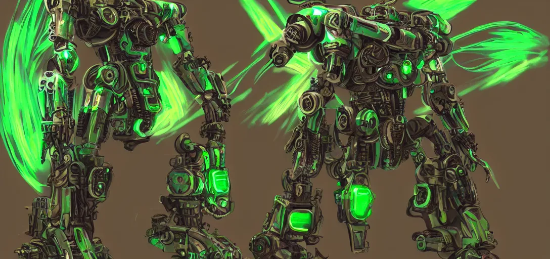 Image similar to mecha steampunk green neon concept art of Hicham Habchi, trending on ArtStationH, very detailed, high quality