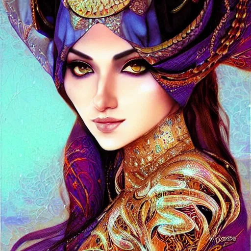 Image similar to a beautiful arabian woman wearing a kaftan by karol bak, ayami kojima, artgerm, arabian beauty, blue eyes, smile, concept art, fantasy