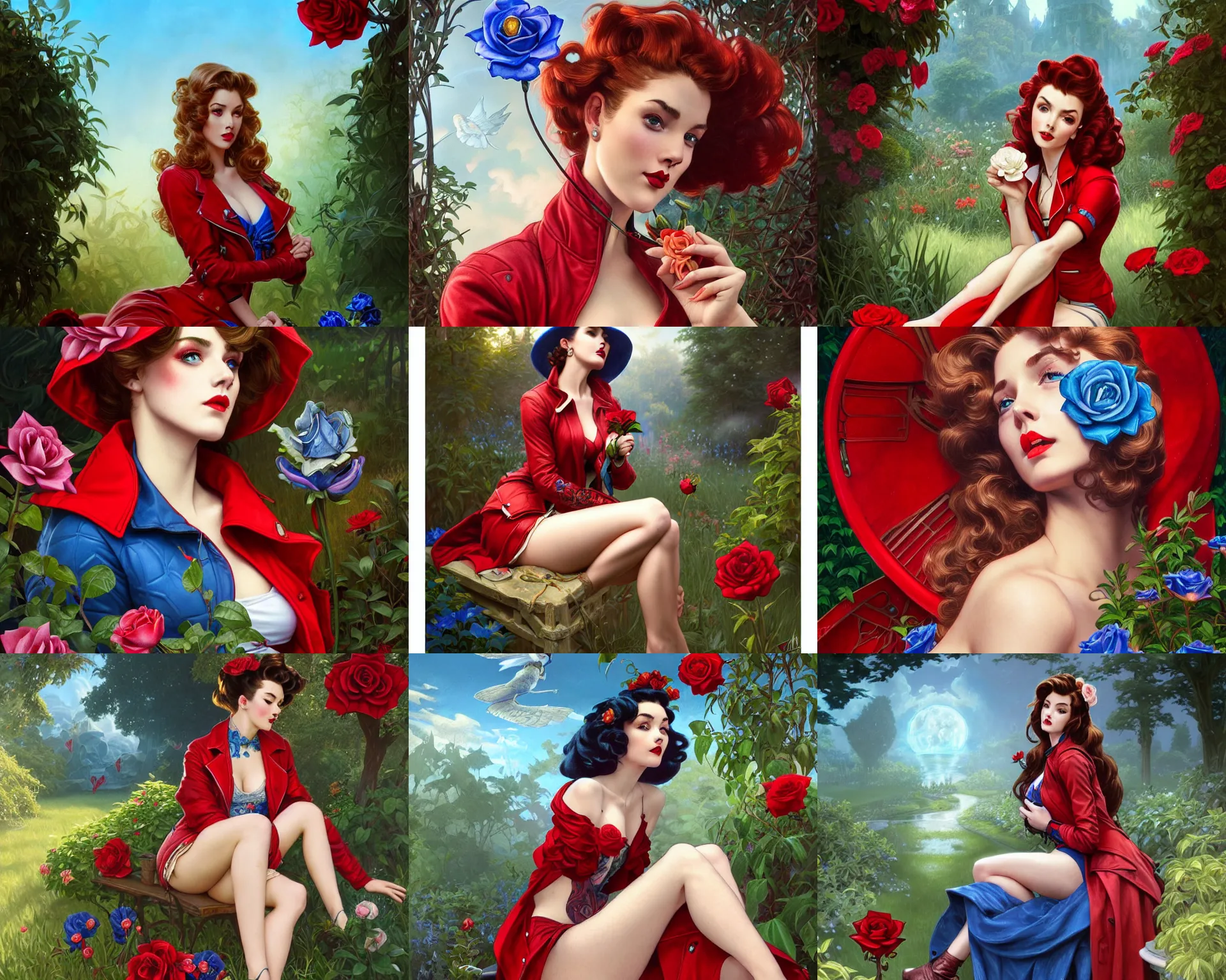 Prompt: red jacket tattooed pinup french girl sits on a garden holding a blue rose, deep focus, turnaround, fantasy, intricate, elegant, highly detailed, digital painting, artstation, concept art, matte, sharp focus, illustration, hearthstone, art by artgerm and greg rutkowski and alphonse mucha.