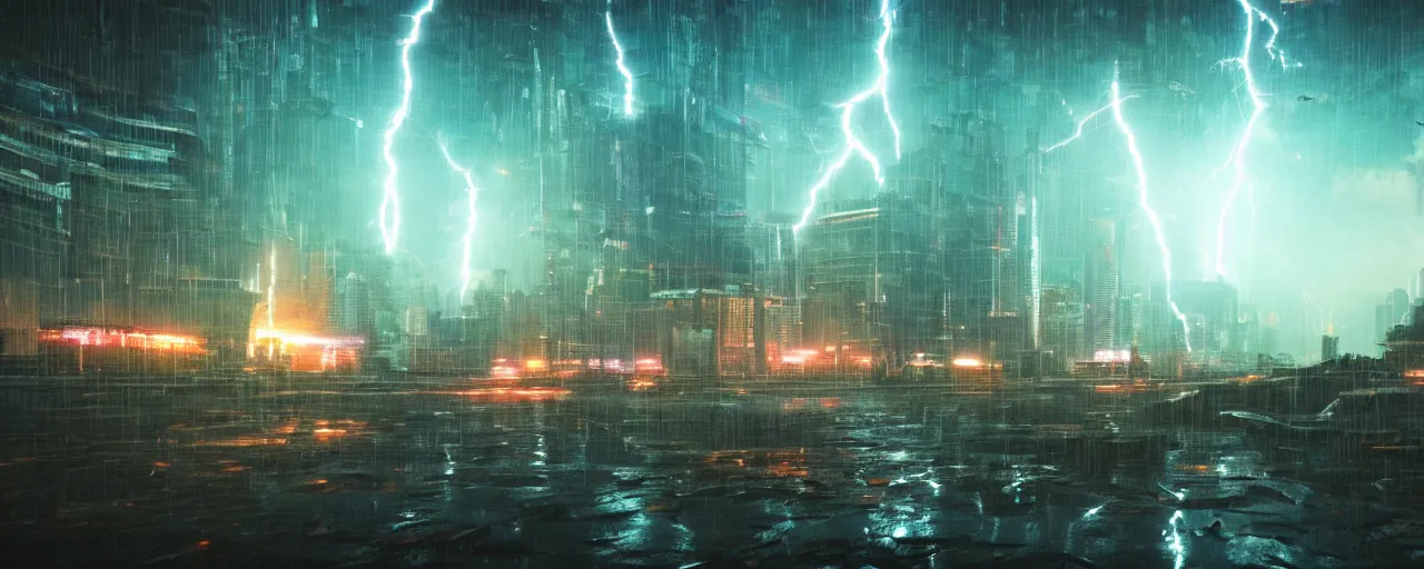 Image similar to cyberpunk landscape, vivid, volumetric lighting, lightning, thunder, storm, portal, puddles, mystical