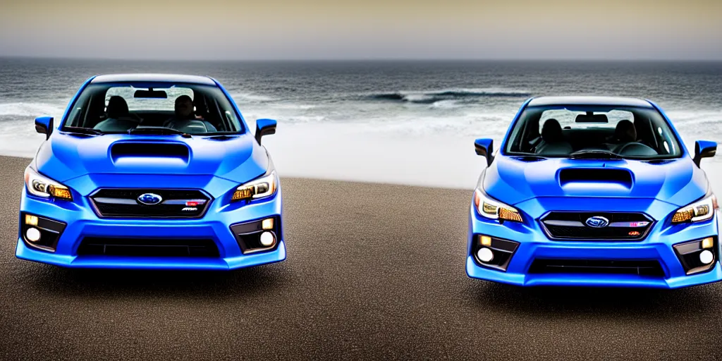 Image similar to photograph, 2015 Subaru WRX STi, cinematic, PCH, california coast, ocean view, 8k, depth of field, bokeh.