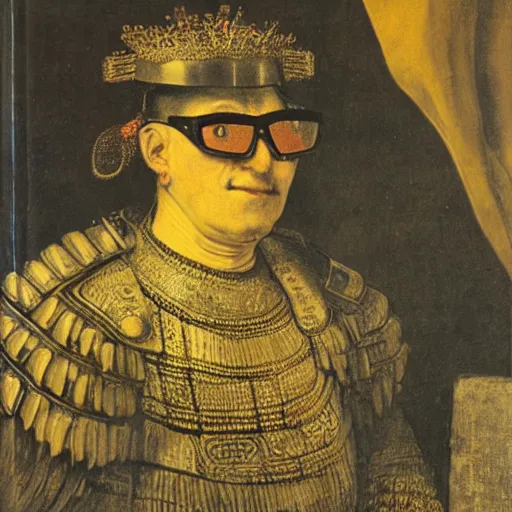 Prompt: germanic tang dynasty aztec bureaucrat with brass goggles over eyes standing behind counter with light shining down from overhead, famous painting by Rembrandt