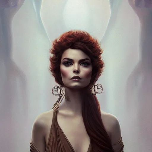 Image similar to tom bagshaw portrait, very beautiful erika eleniak in a full dress and long thin lustrous auburn hair, professionally retouched, focus eyes, ultra realistic soft painting, insanely detailed linework, symmetrical accurate intricate features, behance, 8 k