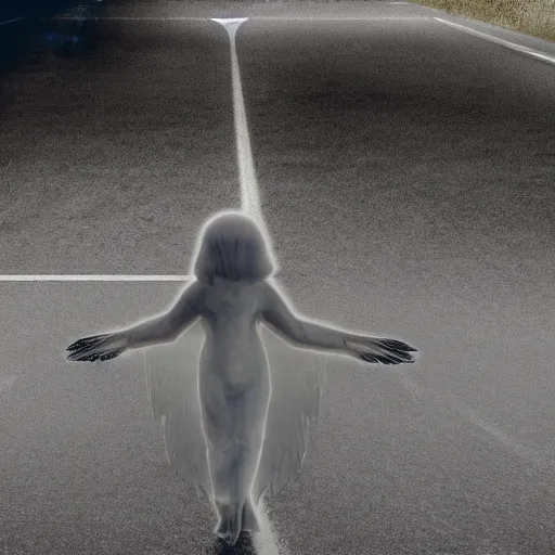 Prompt: creepy lovecraftian angel in the road, taken with car dash camera, real photo