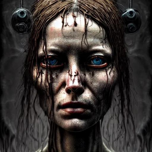 Prompt: ultra realist intricate detailed horror portrait of a single rugged female, accurate features, industrial, apocalyptic, very intricate details, 8 k resolution, dramatic lighting, artstyle zdzisław beksinski, award winning