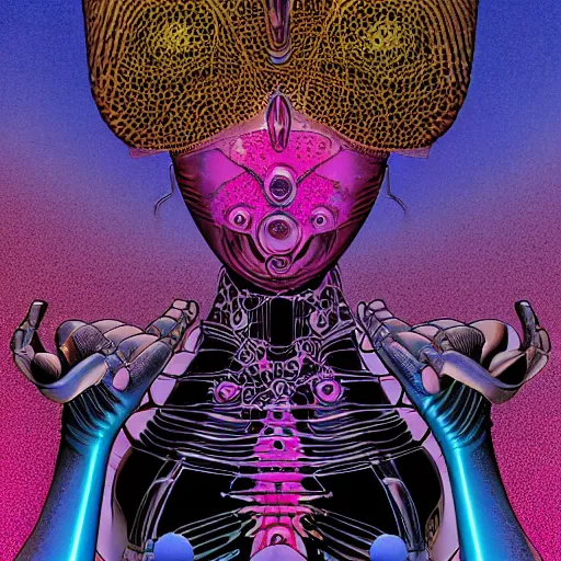 Image similar to sleek highly evolved biomechanical nubile borg queen hybrid dotted with small fractal lichens being possessed by the machine spirit, artists mœbius and philippe caza with beryl cook and jack kirby, high contrast cinematic light, mystical shadows, sharp focus, octane render