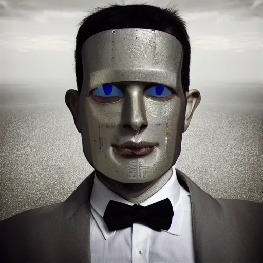 Image similar to “ closeup portrait of a robot wearing a tuxedo, depth of field, zeiss lens, detailed, symmetrical, centered, fashion photoshoot, by annie leibovitz and steve mccurry, david lazar, jimmy nelsson, breathtaking, 8 k resolution, extremely detailed, beautiful, establishing shot, artistic, hyperrealistic, beautiful face, octane render ”