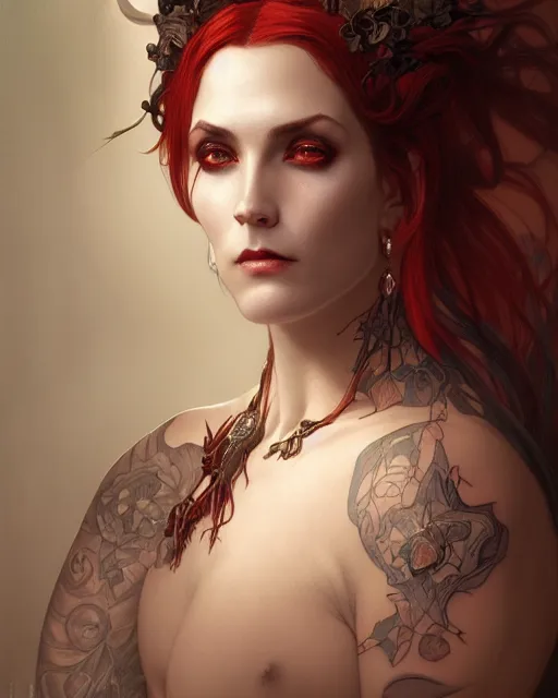 Image similar to portrait of a satanic witch, tattooed face, upper body, decorated, intricate, elegant, highly detailed, digital painting, artstation, concept art, smooth, sharp focus, illustration, art by artgerm and greg rutkowski and alphonse mucha, 8 k