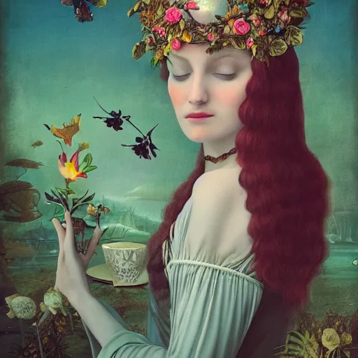 Image similar to a detailed portrait of young woman in renaissance dress and a surreal renaissance headdress, very surreal garden, cyberpunk, surreal tea party, birds, nature, strange creatures, by christian schloe and botticelli, naotto hattori, amy sol, roger dean, moody colors