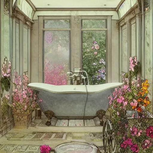 Image similar to a beautifull intricate watercolour painting of a victorian bathroom with many flowers, reflexions, verry high details by william turner art, greg rutkowski and alphonse mucha, trending on artstation, very very detailed, masterpiece,