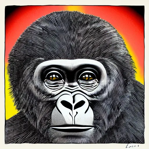 Image similar to gorilla illustrated in the style of can's tago mago album cover