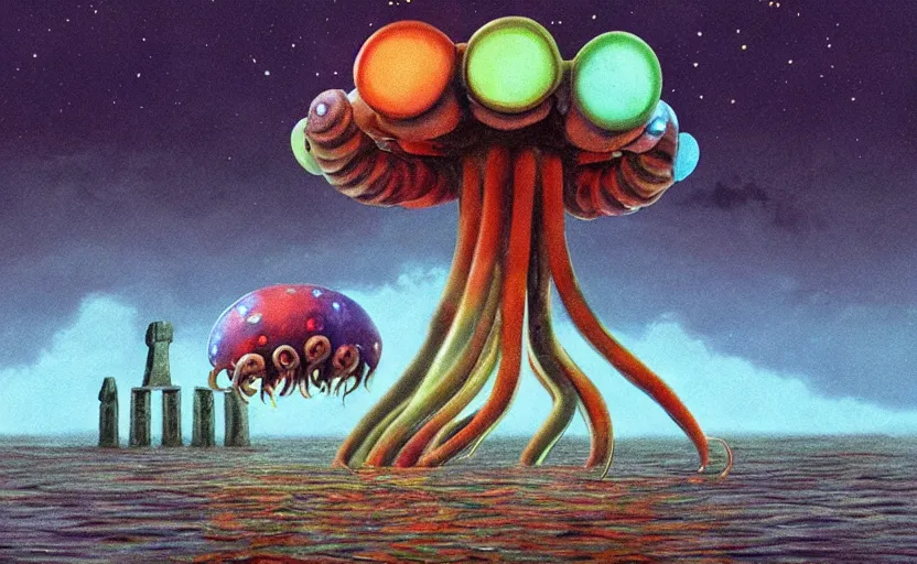 Image similar to a realistic cell - shaded studio ghibli concept art from paprika ( 2 0 0 6 ) of a flying multi - colored octopus from close encounters of the third kind ( 1 9 7 7 ) in a flooded stonehenge on a misty starry night. very dull colors, wide shot, hd, 4 k, hq