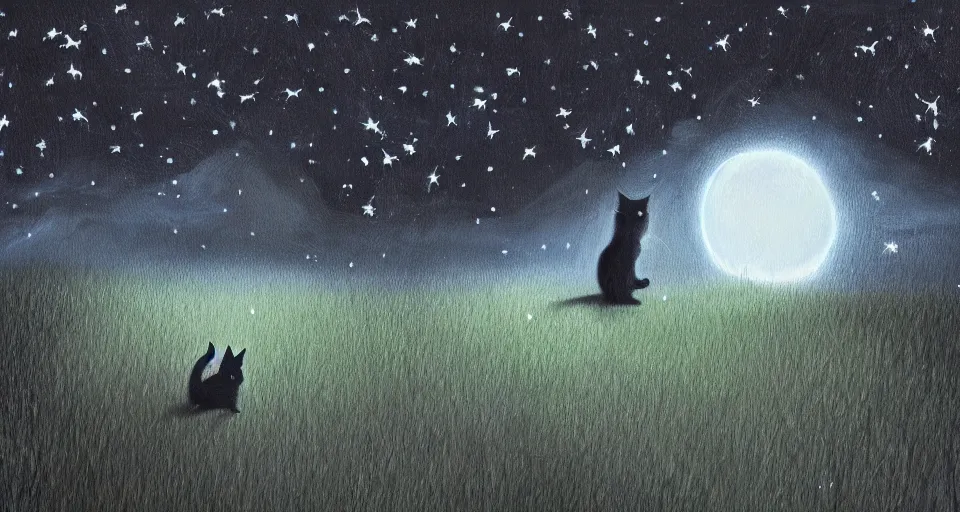 Image similar to black cat with glowing eyes walking around in a very dark open field at midnight with fireflies in the air and lots of stars in the sky, digital painting, highly detailed, magical, beautiful