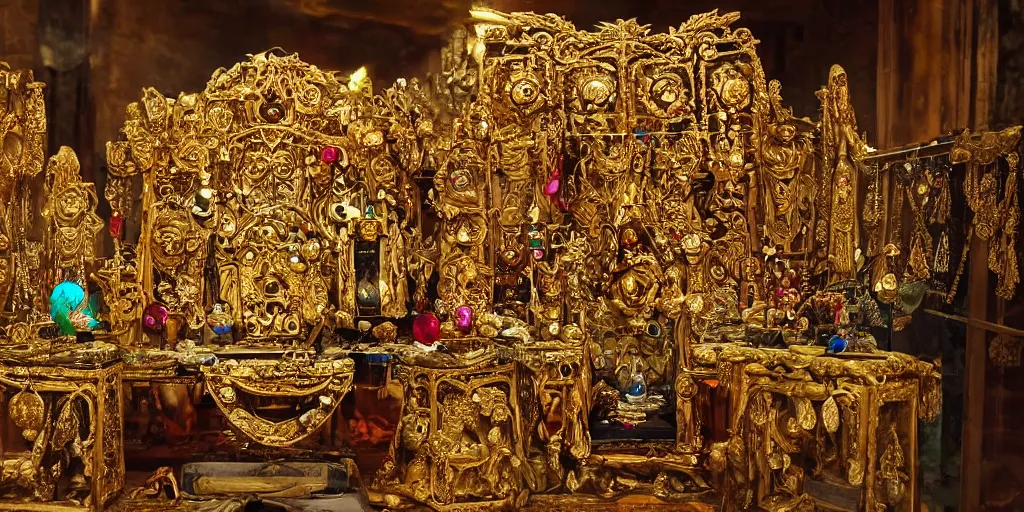 Image similar to archeological discover of golden throne decorated with gems and other precious things