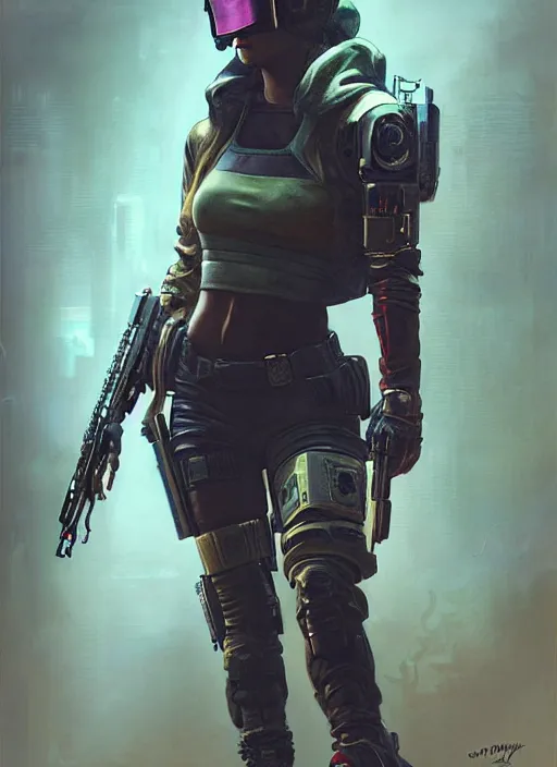 Image similar to Ela. Cyberpunk mercenary in tactical gear infiltrating corporate mainframe. rb6s, (Cyberpunk 2077), blade runner 2049, (matrix) Concept art by James Gurney, Craig Mullins and Alphonso Mucha. painting with Vivid color.