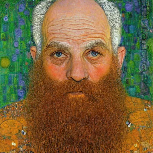 Image similar to detailing character concept portrait of old man by Gustav Klimt, on simple background, oil painting, middle close up composition