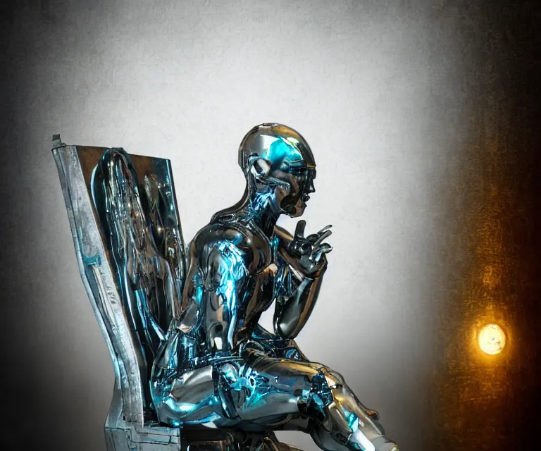 Image similar to translucent cyborg sitting on a metal throne in a futuristic castle, fantasy sci - fi, sharp lines, metallic, 2 0 0 mm focus, bokeh