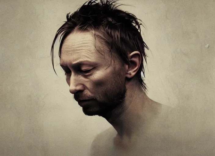 Prompt: photograph of print of thom yorke picture on a table, hyper realistic, variations of thom yorke, forest, high quality photograph, mixed styles, intricate details, diverse colors, deep emotional impact, very wide angle