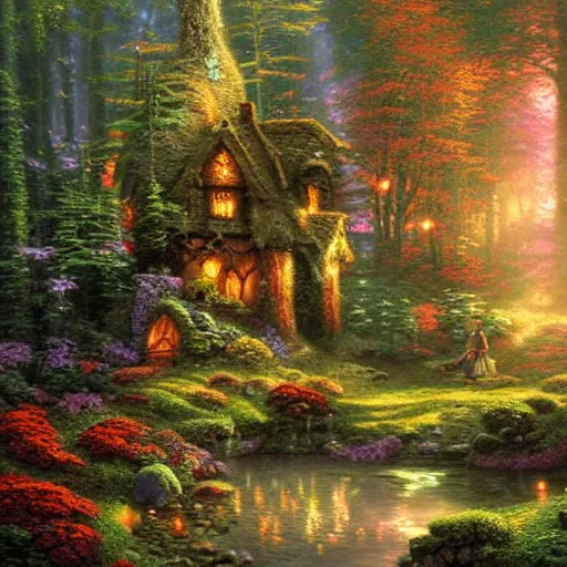 Prompt: a magical ancient forest by Thomas Kinkade