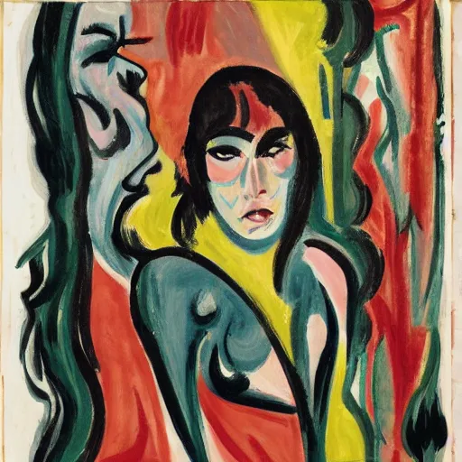 Image similar to Cecily Brown, Ernst Kirchner, portrait of a demon