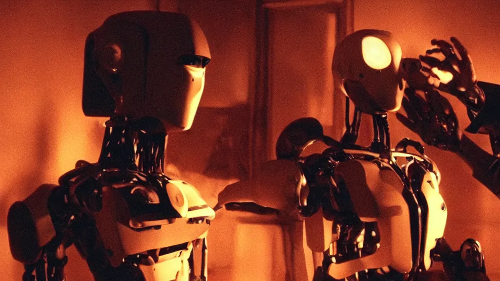 Image similar to movie still of a man and a robot having a moment of jealousy, cinematic composition, cinematic light, by david lynch and gaspar noe