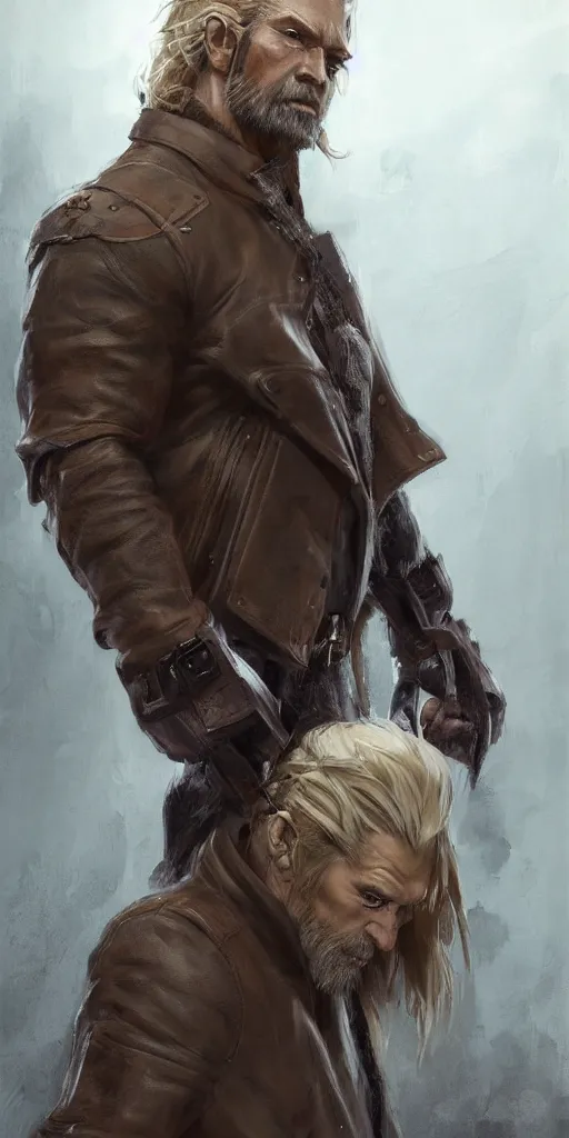 Image similar to portrait of a muscular, grim, ponytail haired blonde man in his late 30's, wearing a thick brown leather coat, looking to his side, half of the face scarred, hunter, DnD character, fantasy character, digital art by Ruan Jia, Krenz Cushart, Rossdraws and Boris Vallejo