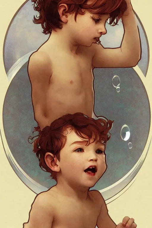 Image similar to a little boy with very short ginger hair chasing bubbles. clean elegant simple illustration, beautiful detailed face. by artgerm and greg rutkowski and alphonse mucha