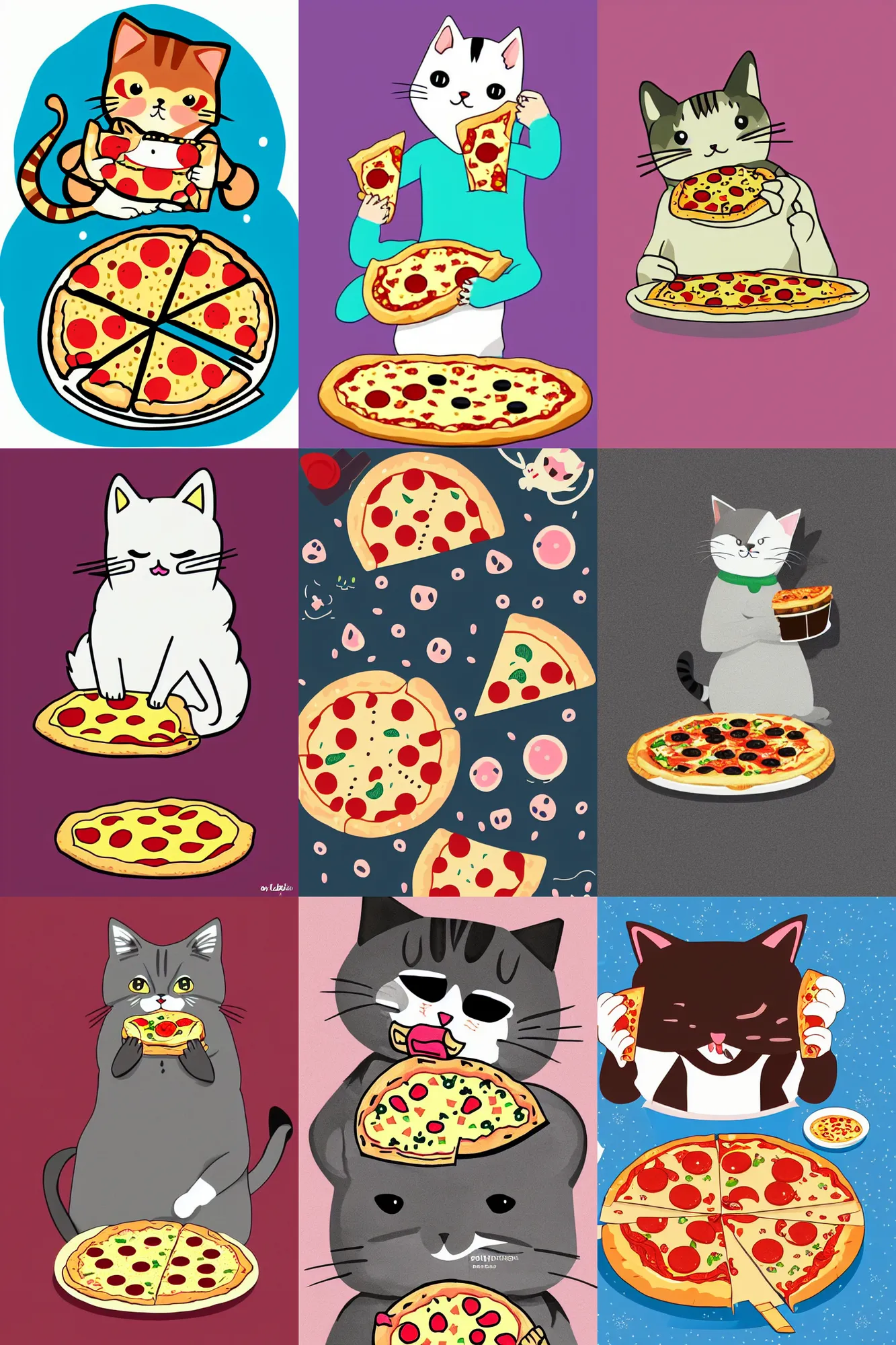 Prompt: Kawaii illustration of a cat eating pizza