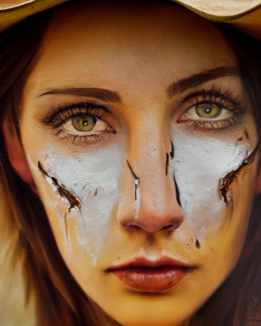 Image similar to oil painting portrait of cowgirl with burn scar exactly half of her face and one blind eye, golden ration, high production value, intricate details, high resolution, hdr, high definition, masterpiece, realistic, ultrarealistic, highly detailed, hd, sharp focus, non blurry, sharp, smooth