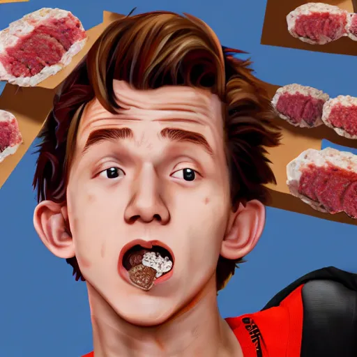 Image similar to tom holland eating spam musubi, digital art, trending on artstation, 8 k, highly detailed