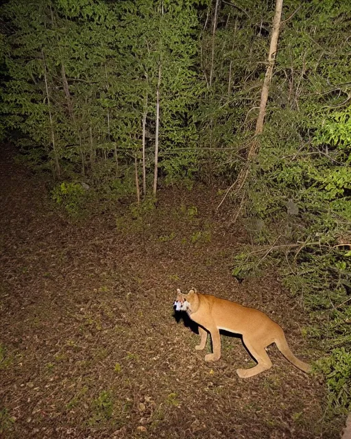 Image similar to cougar in forest at night, night vision goggles, shot from drone, grainy