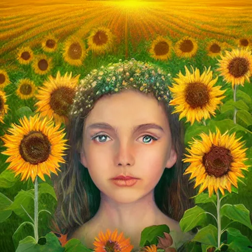 Image similar to giant sunflower head, portrait of girl in flower field, holding daisies, surreal photography, sunrise, impressionist painting, colorful clouds, digital painting, artstation, simon stalenhag, flower face