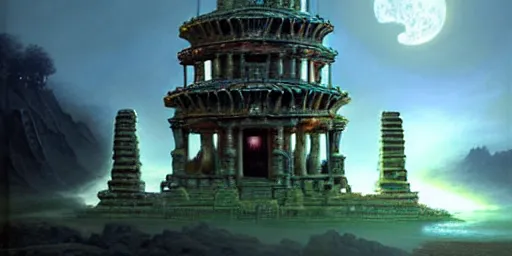Image similar to beautiful hyperrealistic spectacular painting of the mysterious intricate ruins of the mysterious futuristic ancient temple, an advanced alien technology clockwork timemachine with a green glowing crystal from the future is inside the temple, by hubert robert and lee madwick and bastien lecouffe deharme, dramatic moonlight lighting, advanced technology
