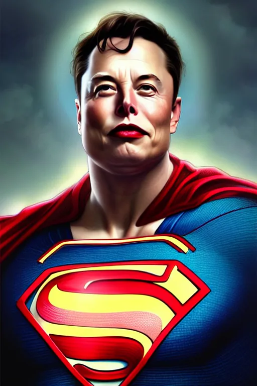 Image similar to elon musk as superman, realistic portrait, symmetrical, highly detailed, digital painting, artstation, concept art, smooth, sharp focus, illustration, cinematic lighting, art by artgerm and greg rutkowski and alphonse mucha