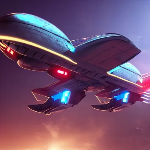 Image similar to cyberpunk alien concept of the a - team van with a pair of airplane wings on the sides flying trough the sky, futuristic look, highly detailed body, very powerful, photorealistic camera shot, crisp quality and light reflections, unreal engine 5 quality render