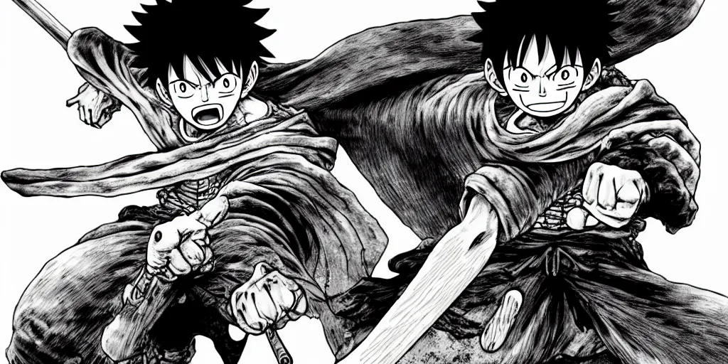 Image similar to luffy, berserk, 4 k resolution, comic style ， by miura kentaro, ultra detailed,