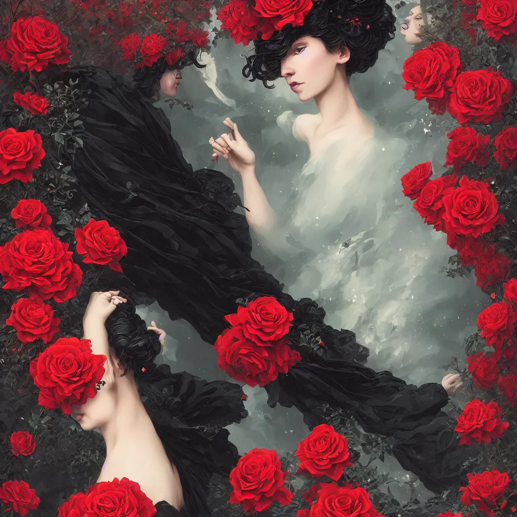 Prompt: black dress in the style of rococo, victorian era, red roses element, fantasy art by greg, loish, rhads, ferdinand knab, makoto shinkai and lois van baarle, ilya kuvshinov, rossdraws, tom bagshaw, dreamy, soft, backlight, luminescence, highly detailed, 8 k