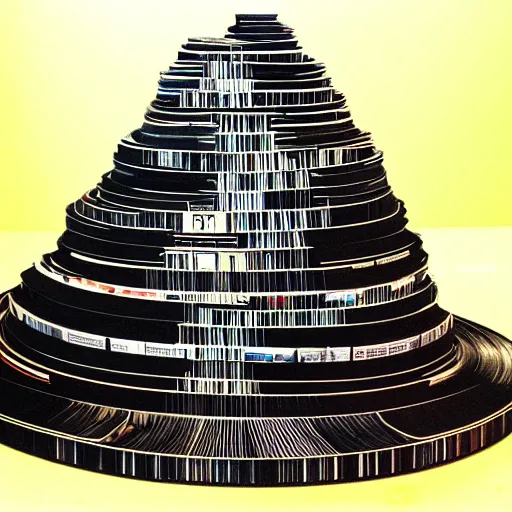 Image similar to tower of babel reaching up to heaven but it is made from 12 inch vinyl LPs