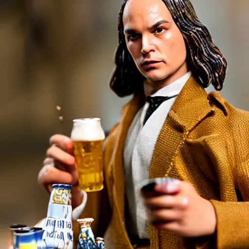 Prompt: Frank Dillane action figure with beer bottle tea cup and cigarette, photo, highly detailed